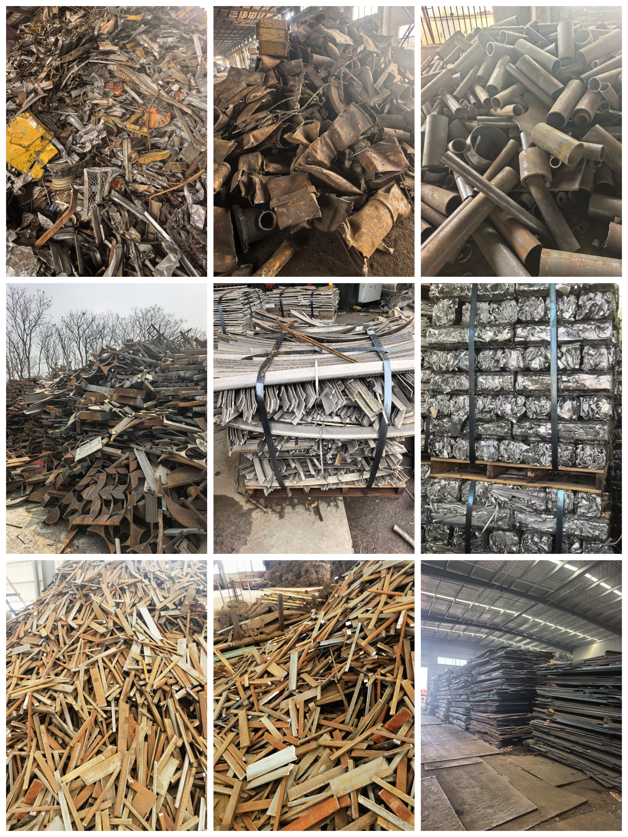 现代化钢铁回收处理车间内部，大型机械设备正在作业，工人身着安全装备进行操作，整体环境整洁有序，体现了专业的企业形象